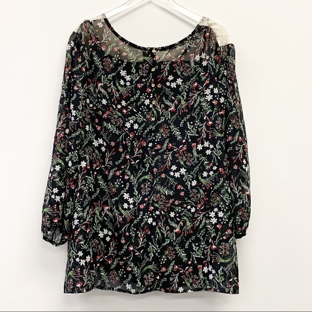 Plus Size Lace Yoke Christmas Floral Peasant Blouse, 4X